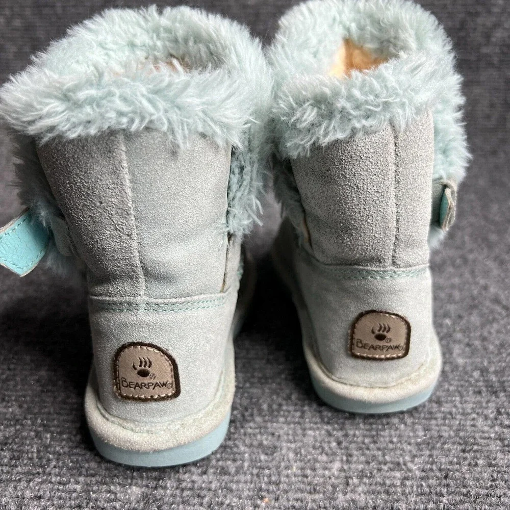 Bearpaw Boots Toddler 7 Mint Green Suede Leather Shearling Pull On Fur Trim